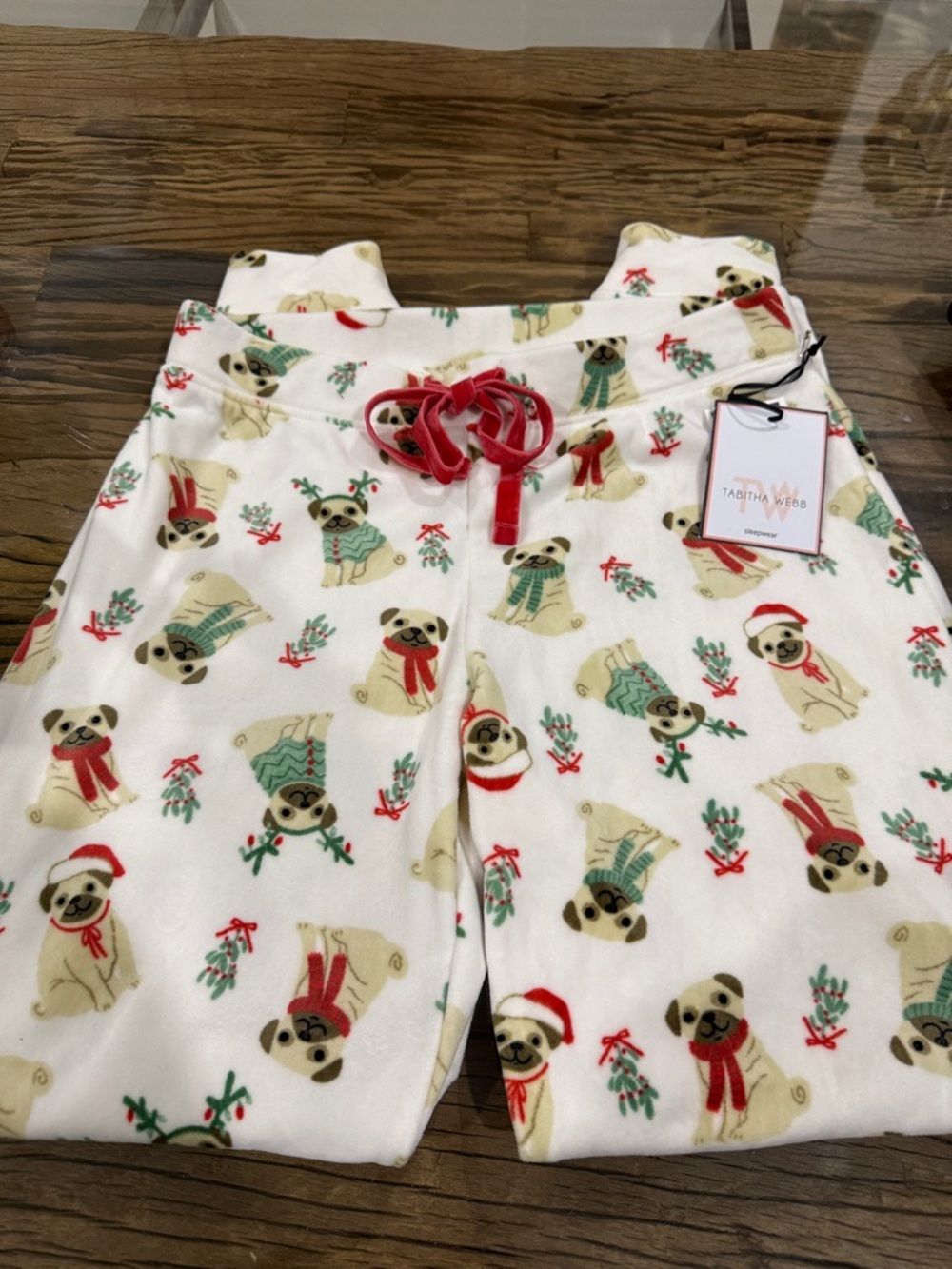 Tabitha White Holiday Pug Print Fleece Pajama Pants with Red Drawstring
